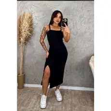 Vestido Midi Canelado Feminino com Fenda Lateral | Tubinho Justo Alça | Moda Casual Elegante Ribana Caneladinho