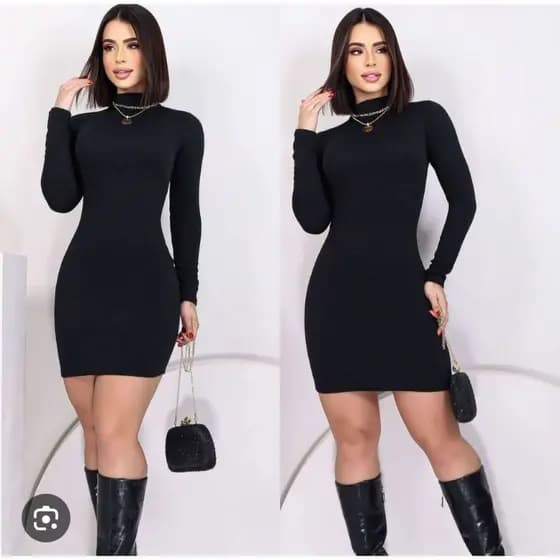 Vestido Curto Justo Manga Longa Canelado Moda Feminina Elegante Inverno 2026 Feminino Justo  Modela o Corpo