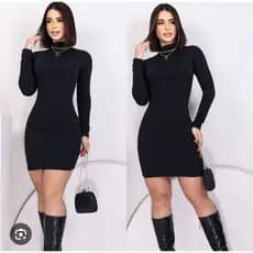 Vestido Curto Justo Manga Longa Canelado Moda Feminina Elegante Inverno 2026 Feminino Justo  Modela o Corpo