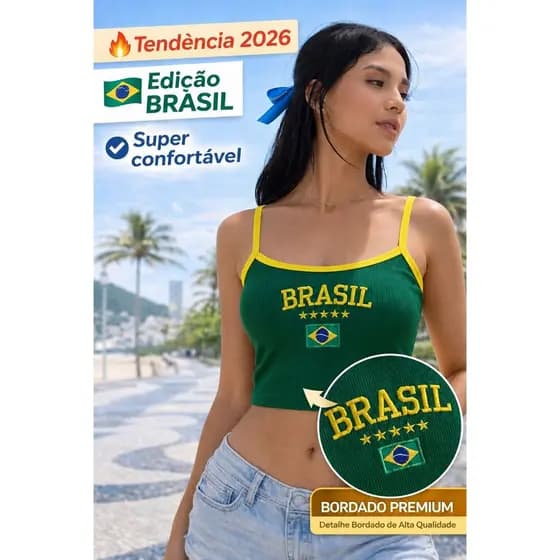 Cropped Regata Feminino Alça Top Tendencia Regata Brasil Bordada Moda Blogueira