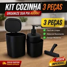 Kit Pia Cozinha 3 Peças Preto Premium Lixeira 3,5L Dispenser 500ml Rodinho Bancada