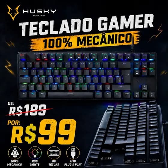 Teclado Gamer 100% Mecânico Husky RGB Preto 88 Teclas USB Para PC e Notebook