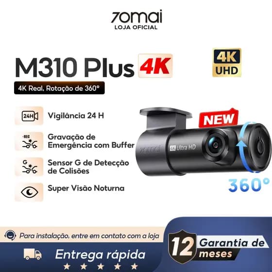 Câmera Veicular 70mai M310 Plus 4k Dash Cam F1.55 App Wi-Fi 360° 24h Visão Noturna Sensor G/Uber Taxi