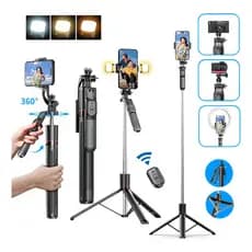 Selfie Stick Tripé 1.7M com Luz LED Dupla Ajustável, Bluetooth e Rotação 360° para Vlog