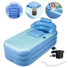 Banheira Inflável Portátil com Fundo Bolha Massagem, Bomba Elétrica e Assento, Azul, Kit Completo