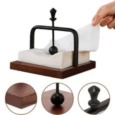 Porta Guardanapo De Mesa Com Peso Alumínio Preto Base Madeira Nogueira 15cm
