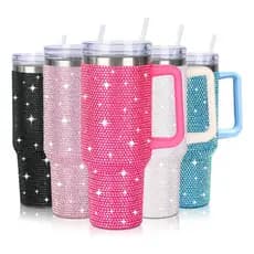 Copo Térmico Garrafa 1,2l Com Strass Brilhante Com Alça Tampa E Canudo Glitter
