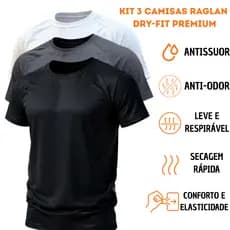Kit 3 Camisetas Dry Fit Premium Raglan Masculina | Academia Fitness Treino Musculação Casual Respirável Leve