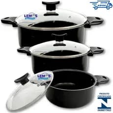 Kit 3 Peças Panelas Caçarolas 20 22 24 cm Antiaderente 5 Camadas de Teflon Preto com Tampa de Vidro