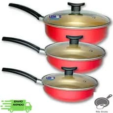 Conjunto Jogo Kit de Frigideiras Antiaderente Vermelha Com Tampa de Vidro 3 Peças N18 20 22 Teflon