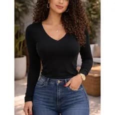 Blusa Feminina Manga Longa Gola V Segunda Pele Viscolycra Basica Elegante Casual Blusinha