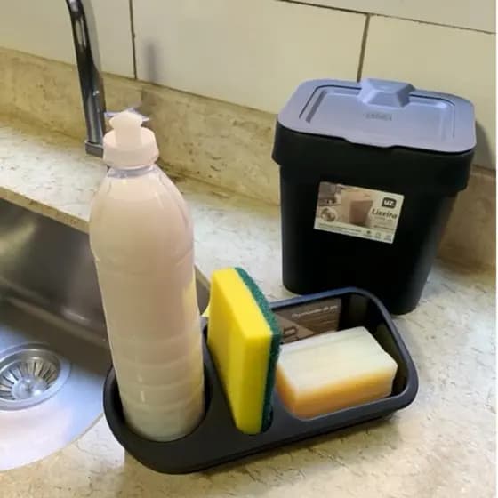 Kit Organizador de Pia Cozinha Multiuso Porta Detergente, Bucha e Sabão + Lixeira Slim UZ 2,5L