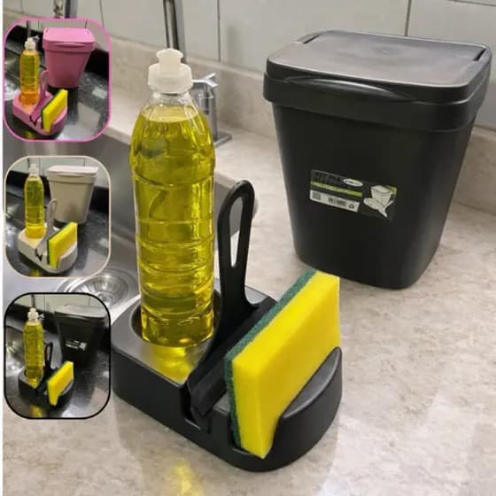 Kit Pia Organizador Porta Detergente+Rodinho+Lixeira 4,8L Multiuso Esconde o Lixo Kit Organizador para Pia de Cozinha