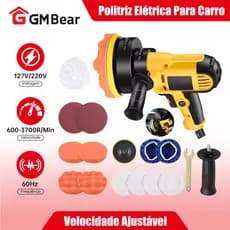 GM Bear Politriz Elétrica para Carro 110V/220V - Kit Completo com 16 Peças para Lixamento e Polimento Remoção de Riscos