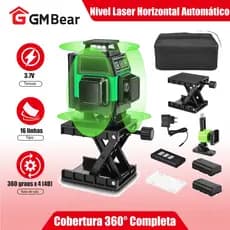 GM Bear Nível Laser 4D Horizontal Automático, 16 Linhas de Laser, 360° Linha Verde Vertical Horizontal, com 2 Baterias