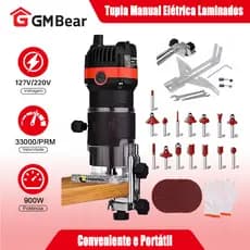 GM Bear Tupia Laminadora Manual 900W Profissional + Jogo de 15 Fresas 6.35mm  com Acabamento Profissional