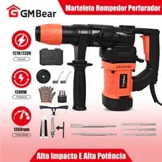 GM Bear Martelete Rompedor Perfurador Sds Plus 1300W, Martelete Perfurador Rompedor Professional Elétrico Maleta