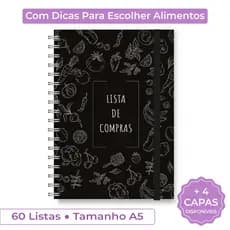 Lista de Compras Capa dura, Com bolsinho plástico, Tamanho A5, Fechamento em elástico