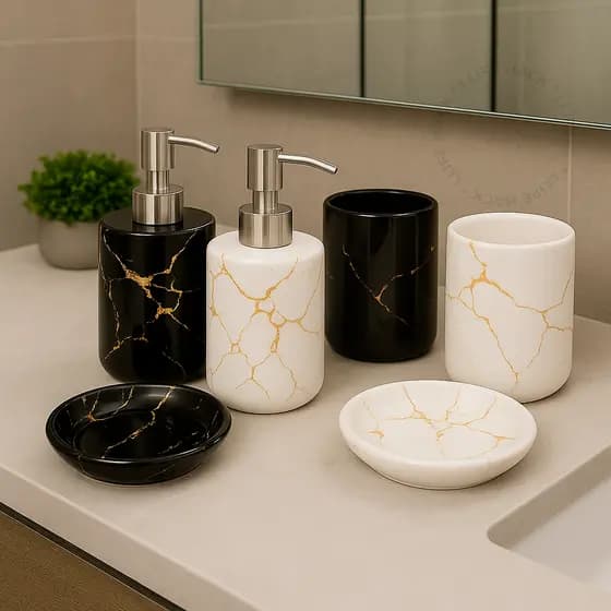 Kit Banheiro 3 peças Cerâmica - Mármore (Branco ou Preto) Porta Sabonete Escova de dentes -Decoração - Casa