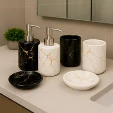 Kit Banheiro 3 peças Cerâmica - Mármore (Branco ou Preto) Porta Sabonete Escova de dentes -Decoração - Casa