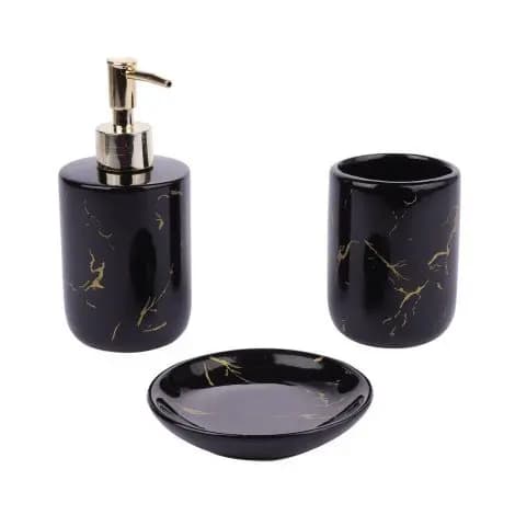 Kit Banheiro Preto 3 Peças Marmorizado Porta Sabonete Escova
