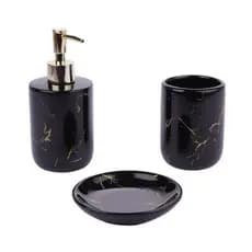 Kit Banheiro Preto 3 Peças Marmorizado Porta Sabonete Escova