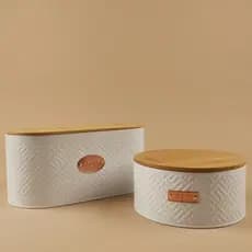 Kit Porta Pão e Porta Biscoito Branco em Metal e Bambu