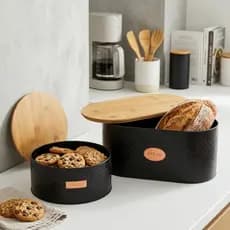Kit Porta Pão e Porta Biscoito Preto em Metal e Bambu