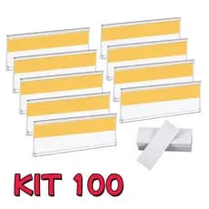 Kit 100 Porta Etiqueta Gôndola 10x3.5cm Fita Dupla Face
