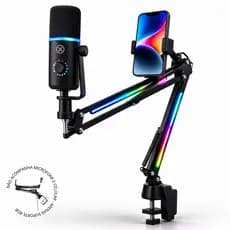 Suporte Microfone Mesa RGB Braço Articulado Streaming Podcast Suporte Celular HyperX Fifine Gamer