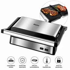 Sanduicheira e Grill Philco 1000W Abertura 180º 2 em 1 Antiaderente Inox