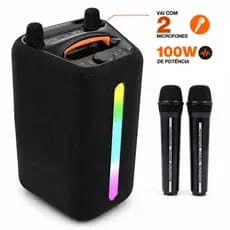 Caixa de Som Bluetooth SomBox Portátil 100W RMS com 2 Microfones Sem Fio TWS USB AUX Rádio e Karaokê
