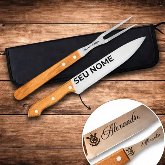 Kit Churrasco Personalizado a Laser com Garfo + Faca + Estojo