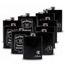 Kit 10 Porta Whisky Cantil 7oz Preto Aço Inox Personalizável Elegante Logo Casamento Padrinhos Brasão Logo