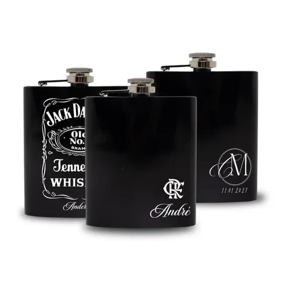 Porta Whisky Cantil 7oz Preto Aço Inox Personalizável Elegante Premium Dia Dos Pais