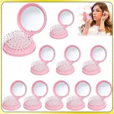 Kit 10 Rosa Escova de cabelo com espelho de maquiagem escova dobrável compacta escova de cabelo portátil para viagem