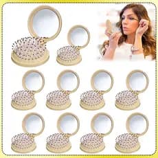 Kit 10 Marrom Escova de cabelo com espelho de maquiagem escova dobrável compacta escova de cabelo portátil para viagem