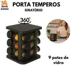 Porta Temperos 9 Potes Giratório 360° Porta Condimento Potes de Vidro Cozinha Organizada presente dia das mães