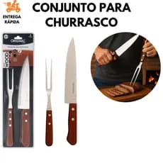 Conjunto Churrasco 2 Peças Faca e Garfo Aço Inox Cabo de Madeira Resistente e Ergonômico