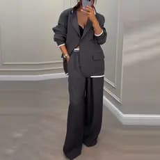 Novo Conjunto Feminino Elegante de Outono/Inverno 2026: Casaco de Manga Longa e Calças de Perna Larga Casuais