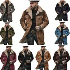Casaco Masculino Outono/Inverno 2026, Jaqueta de Camurça com Detalhes em Patchwork, Sobretudo com Múltiplos Bolsos em Vá