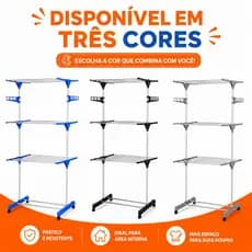 Varal Chão Dobrável 3 Andares roupas Aço Reforçado Com Rodinhas Premium lavanderia  Azul/Preto/cinza