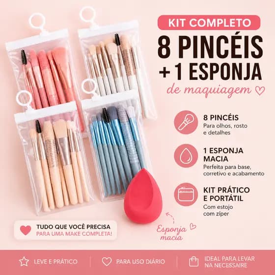 Kit Pincéis para Maquiagem 8 peças + Esponja macia para base e corretivo - Prático e portátil