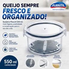 Pote Redondo - Queijeira Plasútil 550ml com Tampa Hermética e Base Drenante | Porta Queijo Transparente