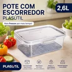 Pote Hermético com Escorredor Plasútil 2,6 Litros BPA Free Mantém Alimentos Frescos