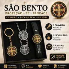 Kit São Bento Completo Chaveiro + Escapulário Aço Inox + Pulseira Ajustável -  Proteção e Fé
