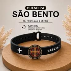 Pulseira São Bento Borracha Preta - Medalha Proteção Fé Acessório Religioso