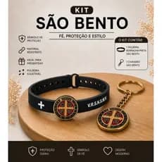 Kit Pulseira Borracha Preta Ajustável São Bento e Chaveiro Metálico Dourado São Bento