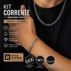 Kit Corrente Aço Inox 316L Prateada 0.8mm / 60cm e Pulseira Aço Inox 316L Prateada 0.8mm / 20cm