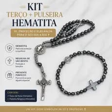Kit Terço de Pulso + Pulseira Hematita São Bento com Cruz Proteção Espiritual Masculino Feminino